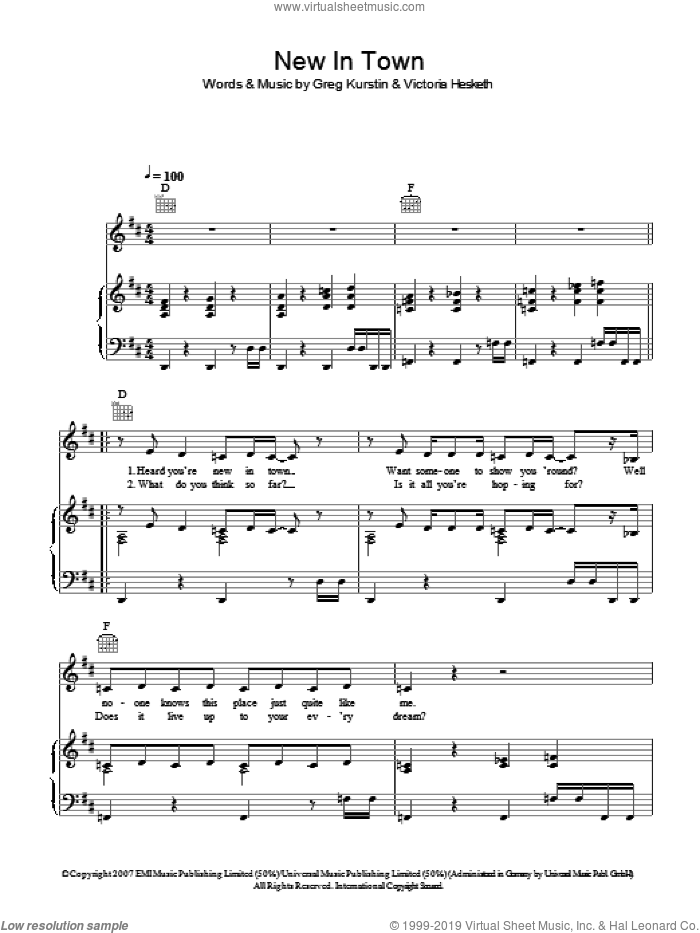 New In Town sheet music for voice, piano or guitar by Little Boots, Greg Kurstin and Victoria Hesketh, intermediate skill level