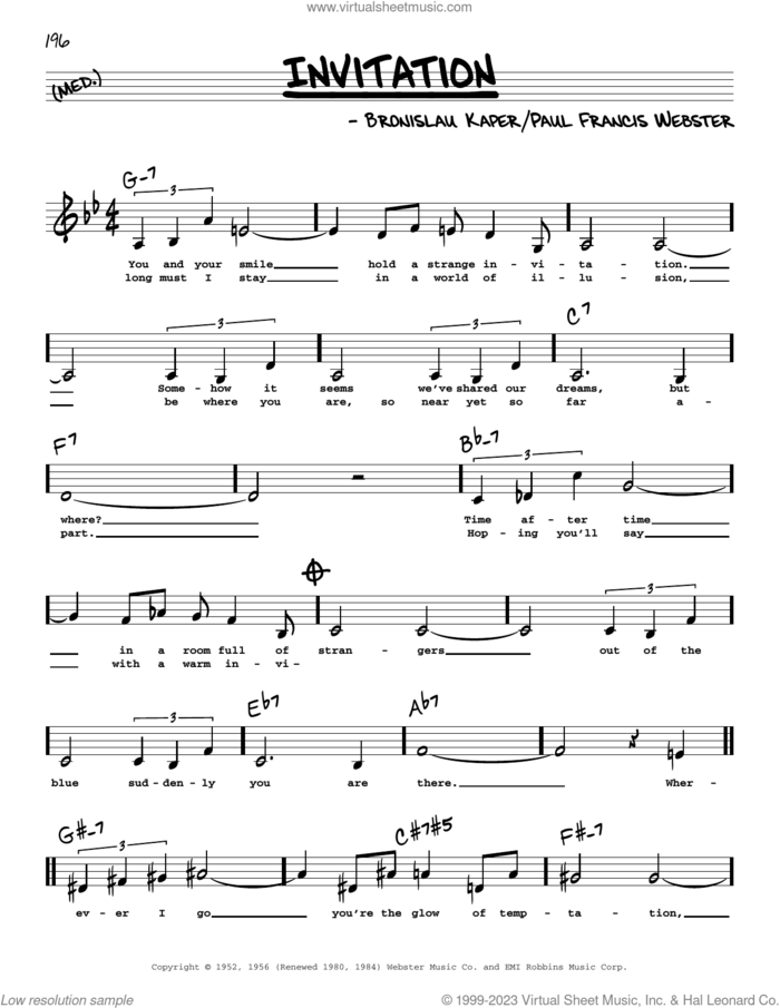 Invitation (Low Voice) sheet music for voice and other instruments (low voice) by Paul Francis Webster and Bronislau Kaper, intermediate skill level