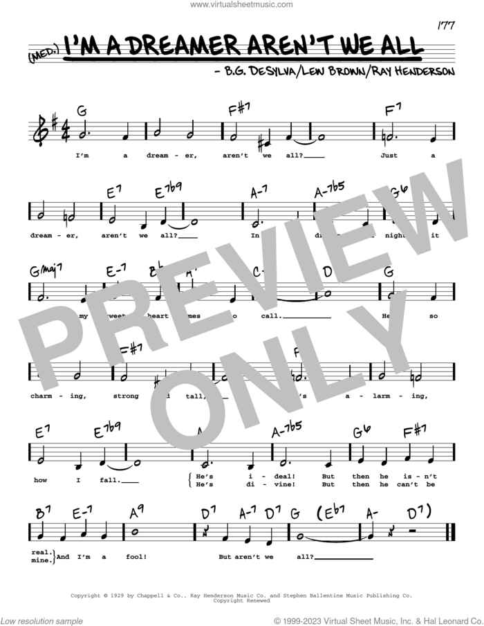 I'm A Dreamer Aren't We All (Low Voice) sheet music for voice and other instruments (low voice) by Bobby Sherwood, Buddy DeSylva, Lew Brown and Ray Henderson, intermediate skill level