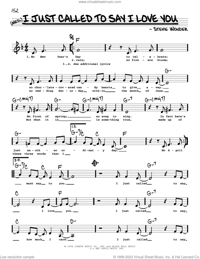 I Just Called To Say I Love You (Low Voice) sheet music for voice and other instruments (low voice) by Stevie Wonder, intermediate skill level