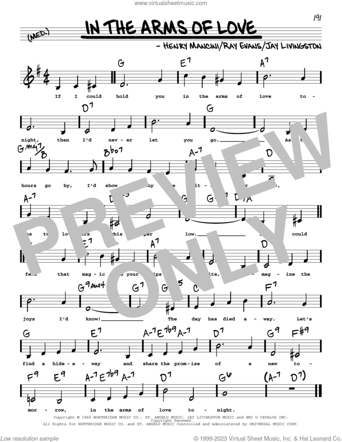 In The Arms Of Love (Low Voice) sheet music for voice and other instruments (low voice) by Henry Mancini, Jay Livingston and Raymond B. Evans, intermediate skill level