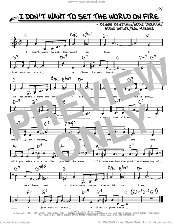 I Don't Want To Set The World On Fire (Low Voice) sheet music for voice and other instruments (low voice) by Eddie Seiler, Bennie Benjamin, Eddie Durham and Sol Marcus, intermediate skill level