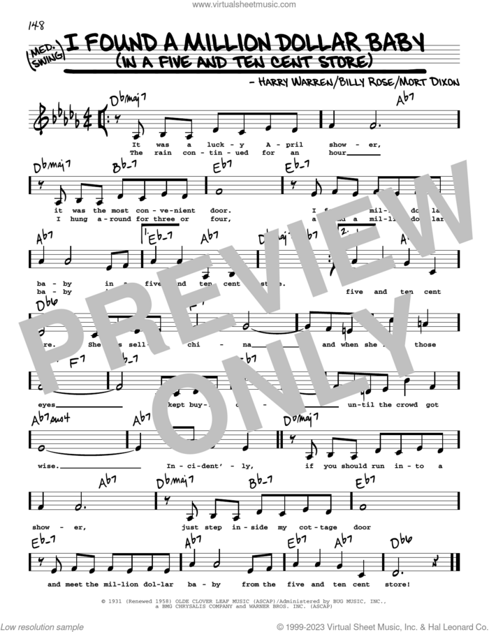 I Found A Million Dollar Baby (In A Five And Ten Cent Store) (Low Voice) sheet music for voice and other instruments (low voice) by Billy Rose, Harry Warren and Mort Dixon, intermediate skill level