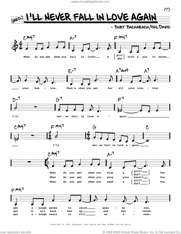 I'll Never Fall In Love Again (Low Voice) sheet music for voice and other instruments (low voice) by Dionne Warwick, Burt Bacharach and Hal David, intermediate skill level