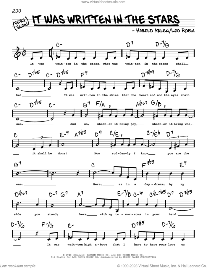 It Was Written In The Stars (Low Voice) sheet music for voice and other instruments (low voice) by Leo Robin and Harold Arlen, intermediate skill level