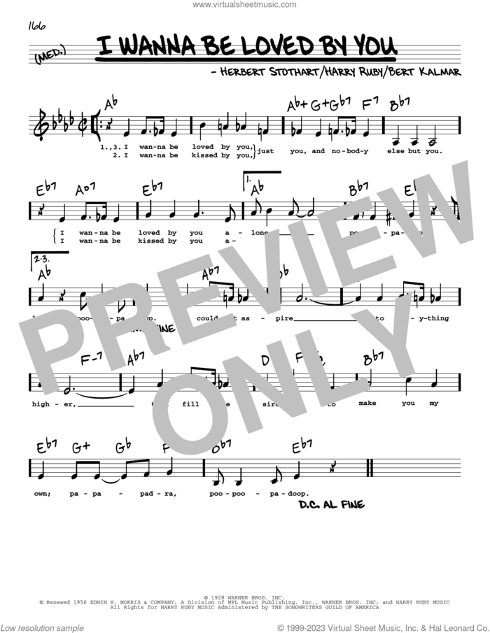 I Wanna Be Loved By You (Low Voice) sheet music for voice and other instruments (low voice) by Bert Kalmar, Harry Ruby and Herbert Stothart, intermediate skill level