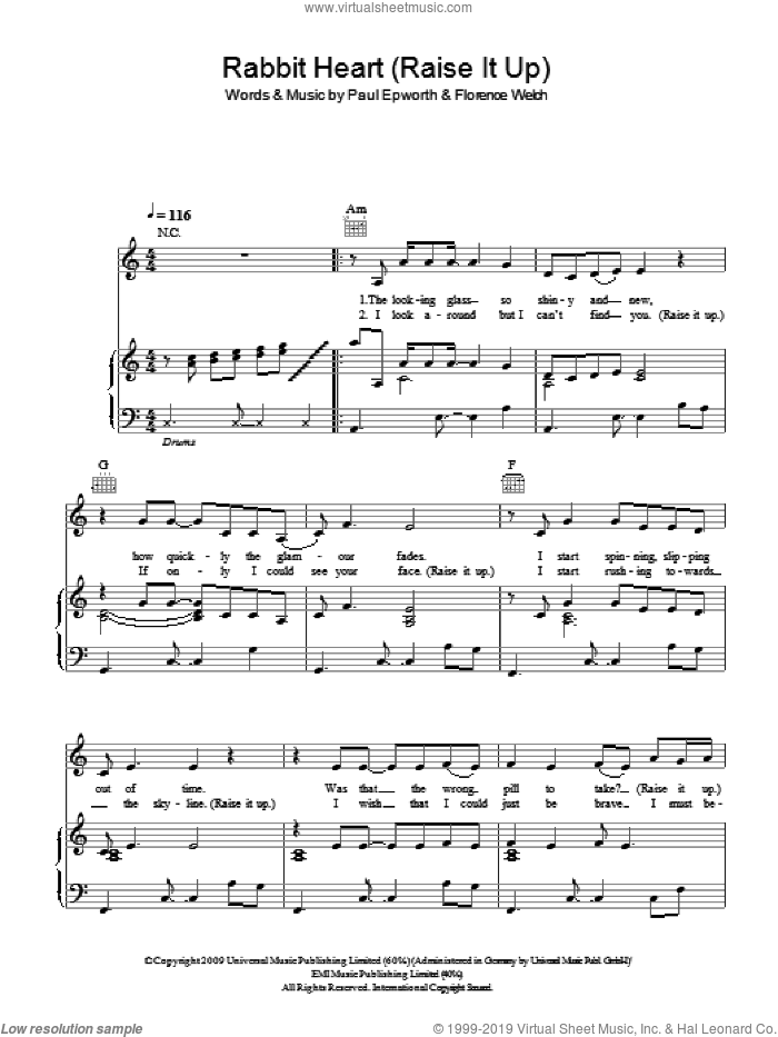 Rabbit Heart (Raise It Up) sheet music for voice, piano or guitar by Florence And The Machine, Florence And The  Machine, Florence Welch and Paul Epworth, intermediate skill level