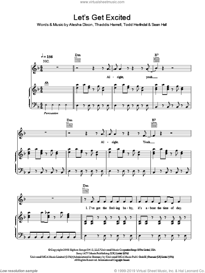 Let's Get Excited sheet music for voice, piano or guitar by Alesha Dixon, Sean Hall, Thaddis Harrell and Todd Herfindal, intermediate skill level