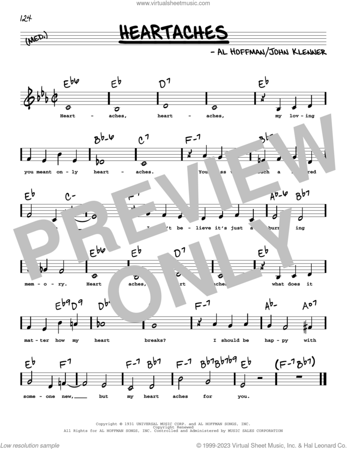 Heartaches (Low Voice) sheet music for voice and other instruments (low voice) by Patsy Cline, Guy Lombardo and His Royal Canadians, Ted Weems, Al Hoffman and John Klenner, intermediate skill level
