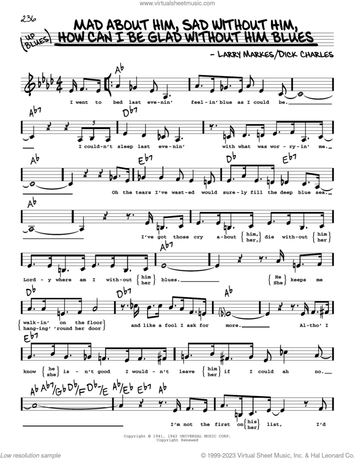 Mad About Him, Sad Without Him, How Can I Be Glad Without Him Blues (Low Voice) sheet music for voice and other instruments (low voice) by Dick Hyman, Dinah Shore, Dick Charles and Larry Markes, intermediate skill level