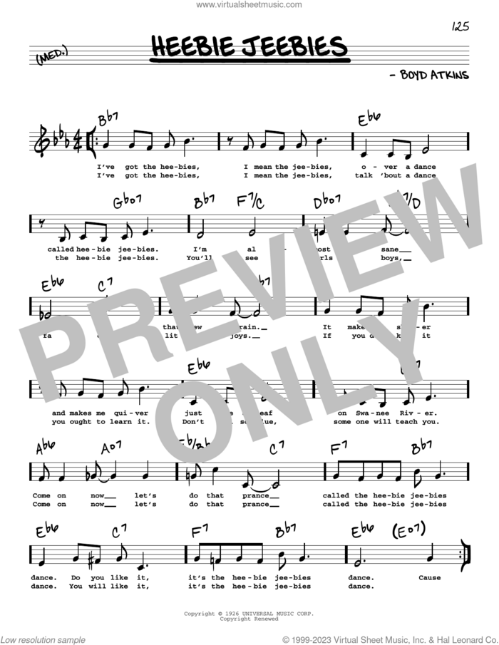 Heebie Jeebies (Low Voice) sheet music for voice and other instruments (low voice) by Louis Armstrong and Boyd Atkins, intermediate skill level