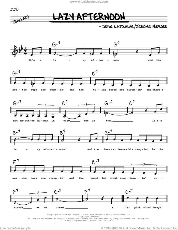 Lazy Afternoon (Low Voice) sheet music for voice and other instruments (low voice) by John Latouche and Jerome Moross, intermediate skill level