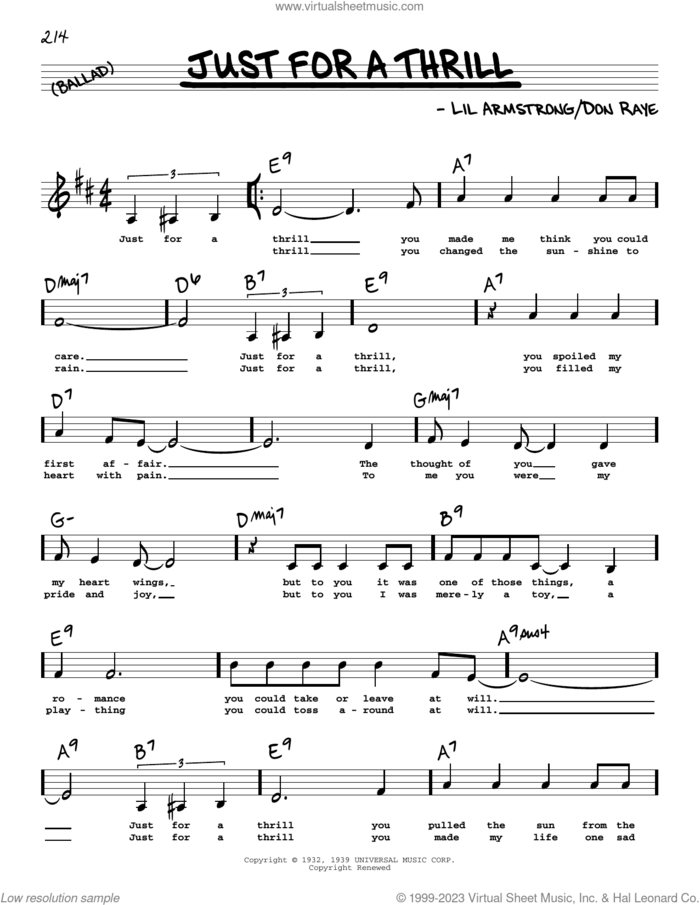 Just For A Thrill (Low Voice) sheet music for voice and other instruments (low voice) by Don Raye and Lillian Hardin Armstrong, intermediate skill level