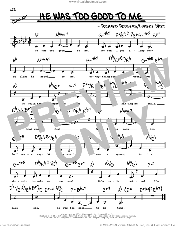 He Was Too Good To Me (Low Voice) sheet music for voice and other instruments (low voice) by Rodgers & Hart, Lorenz Hart and Richard Rodgers, intermediate skill level