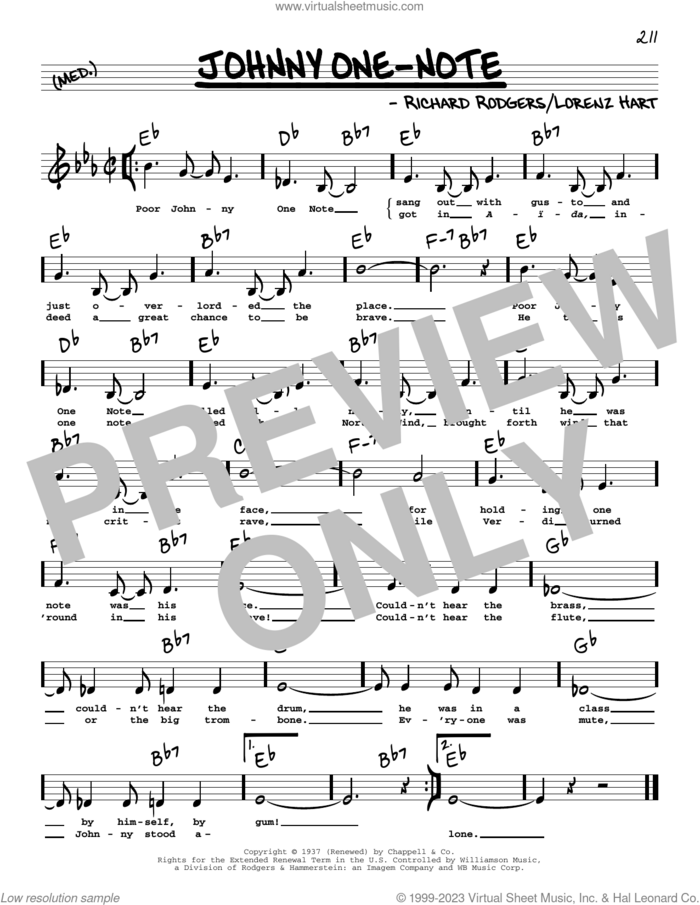 Johnny One-Note (Low Voice) sheet music for voice and other instruments (low voice) by Rodgers & Hart, Lorenz Hart and Richard Rodgers, intermediate skill level