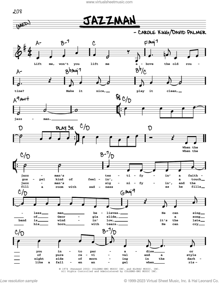 Jazzman (Low Voice) sheet music for voice and other instruments (low voice) by Carole King and David Palmer, intermediate skill level