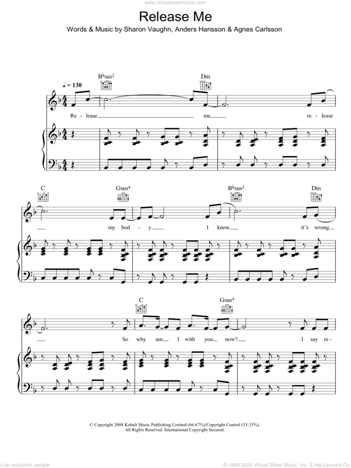 Release Me sheet music for voice, piano or guitar by Agnes, Agnes Carlsson, Anders Hansson and Sharon Vaughn, intermediate skill level
