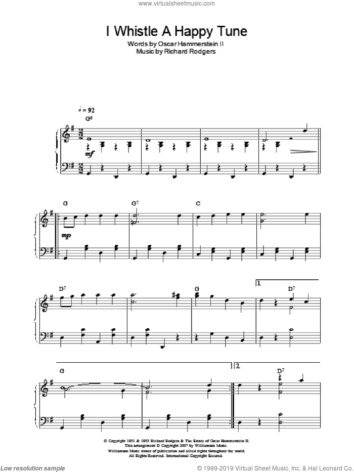 I Whistle A Happy Tune sheet music for piano solo by Rodgers & Hammerstein, Richard Rodgers and Oscar II Hammerstein, intermediate skill level