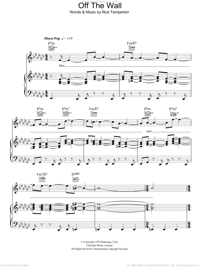 Off The Wall sheet music for voice, piano or guitar by Michael Jackson and Rod Temperton, intermediate skill level