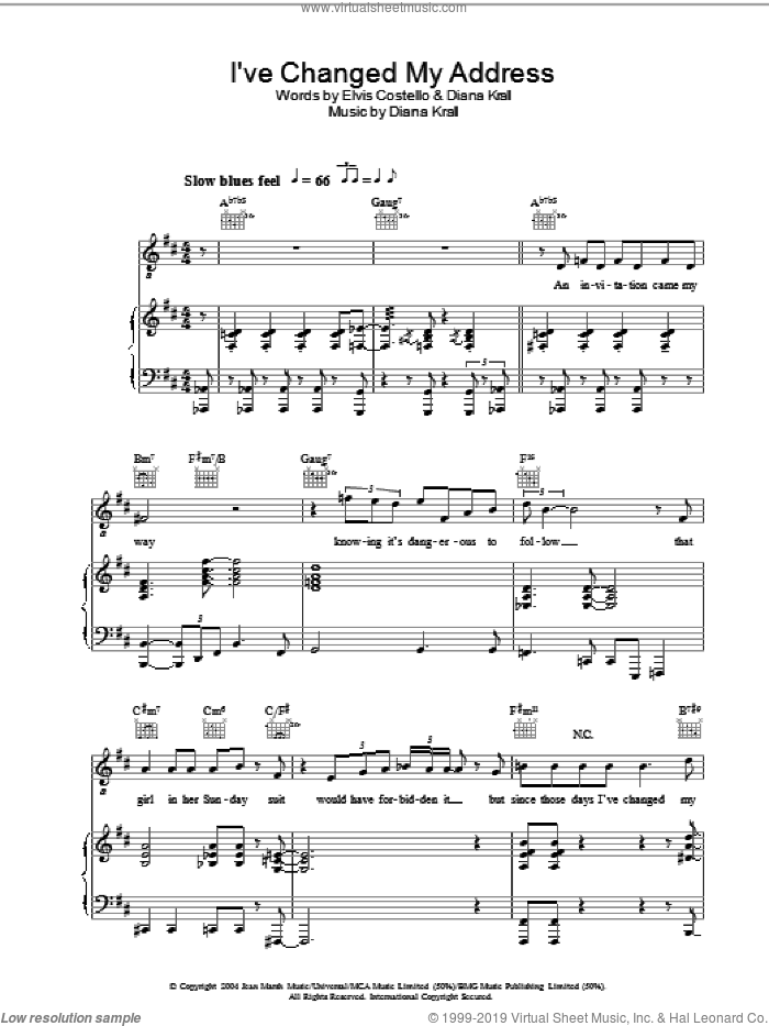 I've Changed My Address sheet music for voice, piano or guitar by Diana Krall, intermediate skill level
