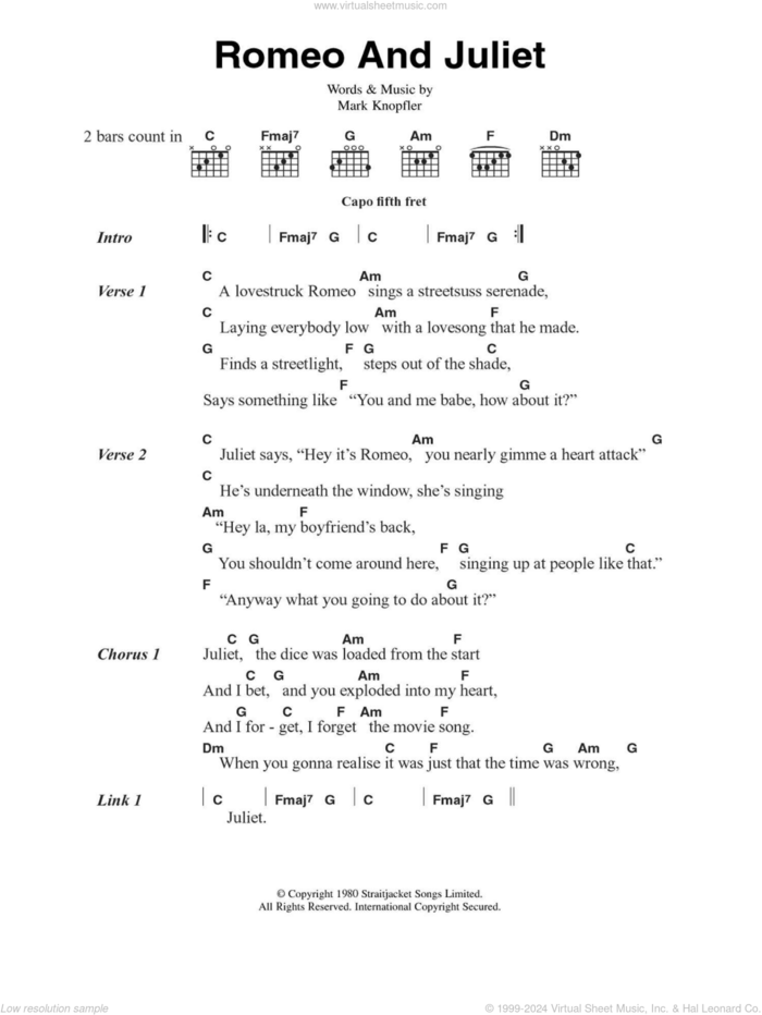 Romeo And Juliet sheet music for guitar (chords) by Dire Straits and Mark Knopfler, intermediate skill level