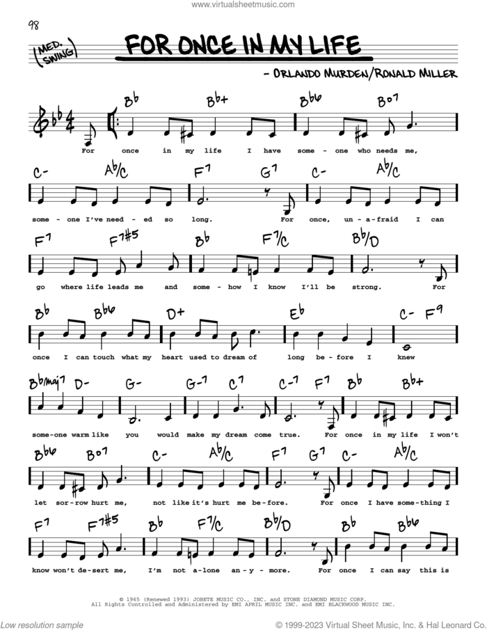 For Once In My Life (Low Voice) sheet music for voice and other instruments (low voice) by Stevie Wonder, Orlando Murden and Ron Miller, intermediate skill level