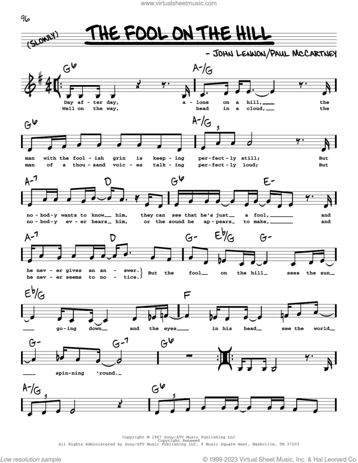 The Fool On The Hill (Low Voice) sheet music for voice and other instruments (low voice) by The Beatles, John Lennon and Paul McCartney, intermediate skill level