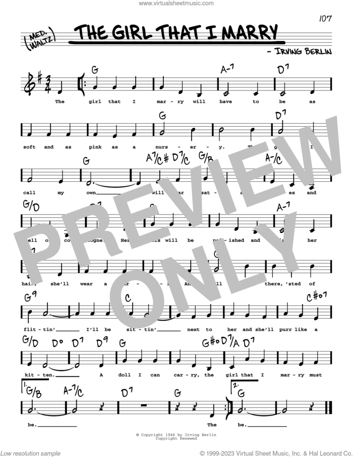 The Girl That I Marry (Low Voice) sheet music for voice and other instruments (low voice) by Irving Berlin, intermediate skill level