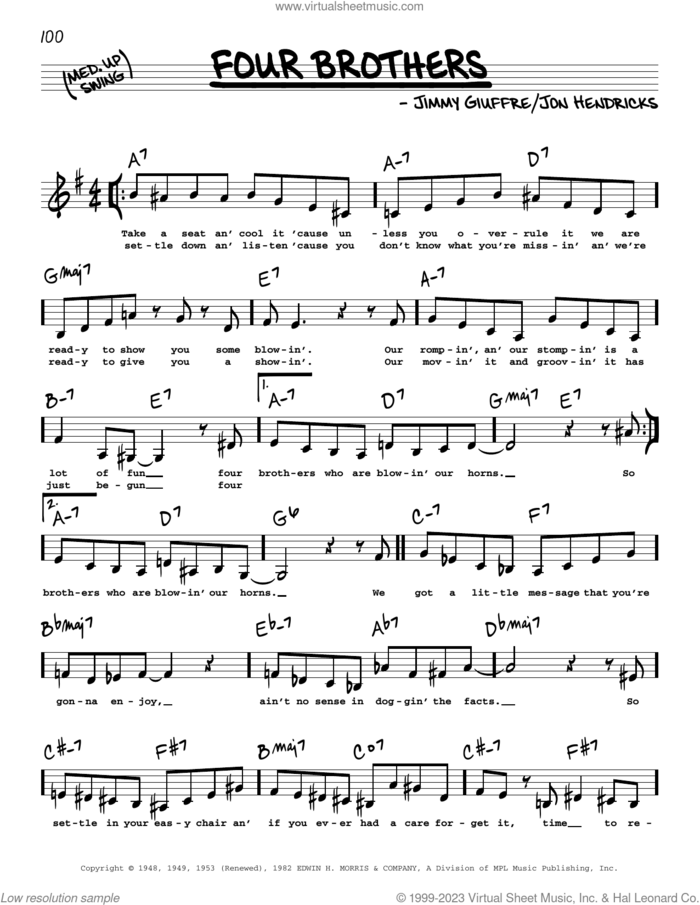 Four Brothers (Low Voice) sheet music for voice and other instruments (low voice) by Jon Hendricks and Jimmy Giuffre, intermediate skill level