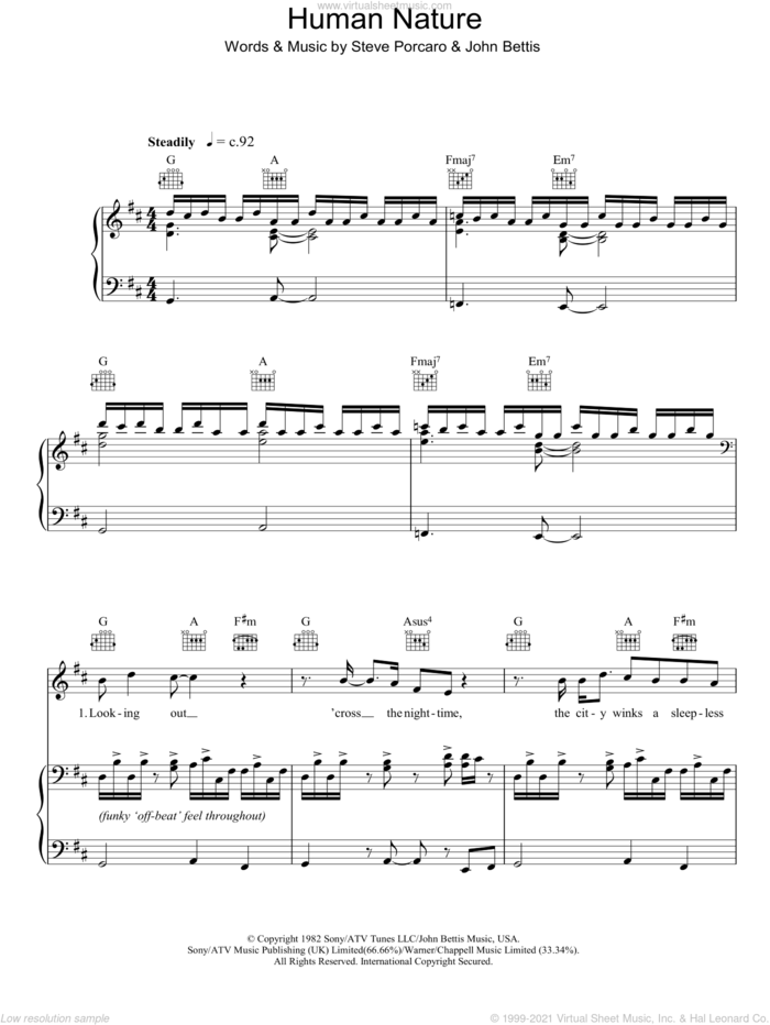 Human Nature sheet music for voice, piano or guitar by Michael Jackson, John Bettis and Steve Porcaro, intermediate skill level