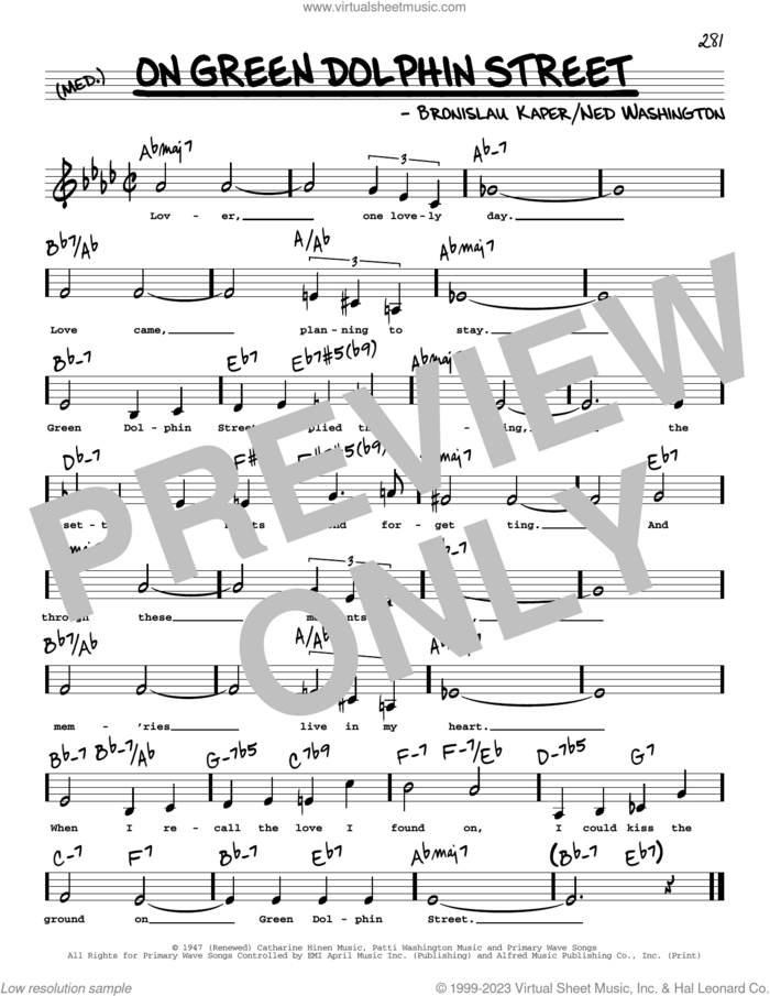 On Green Dolphin Street (Low Voice) sheet music for voice and other instruments (low voice) by Ned Washington and Bronislau Kaper, intermediate skill level