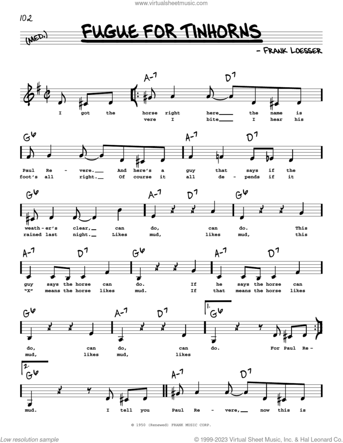 Fugue For Tinhorns (Low Voice) sheet music for voice and other instruments (low voice) by Frank Loesser, intermediate skill level