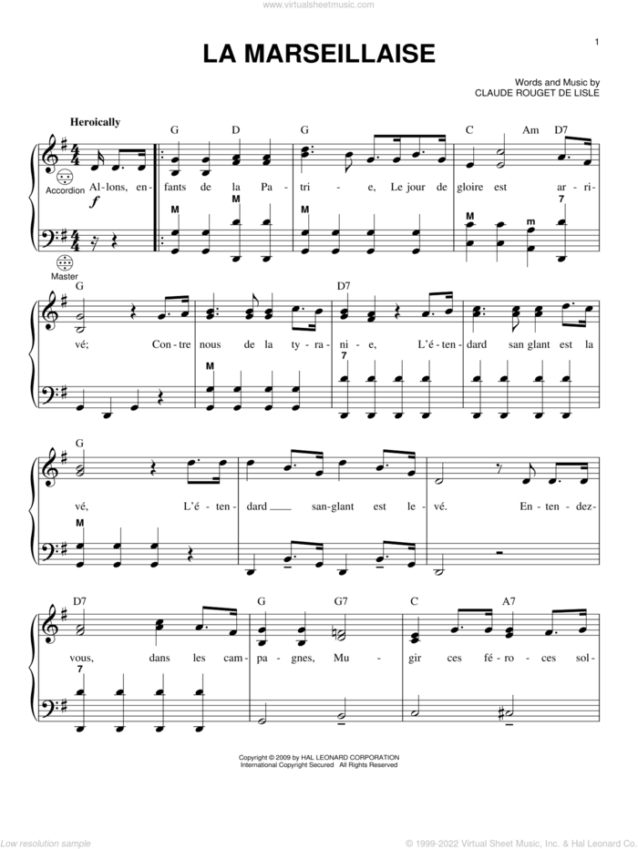 La Marseillaise sheet music for accordion by Claude Rouget de Lisle and Gary Meisner, intermediate skill level