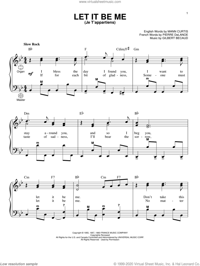 Let It Be Me (Je T'appartiens) sheet music for accordion by Elvis Presley, Gary Meisner, Gilbert Becaud, Mann Curtis and Pierre Delanoe, intermediate skill level