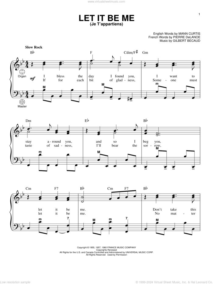 Let It Be Me (Je T'appartiens) sheet music for accordion by Elvis Presley, Gary Meisner, Gilbert Becaud, Mann Curtis and Pierre Delanoe, intermediate skill level