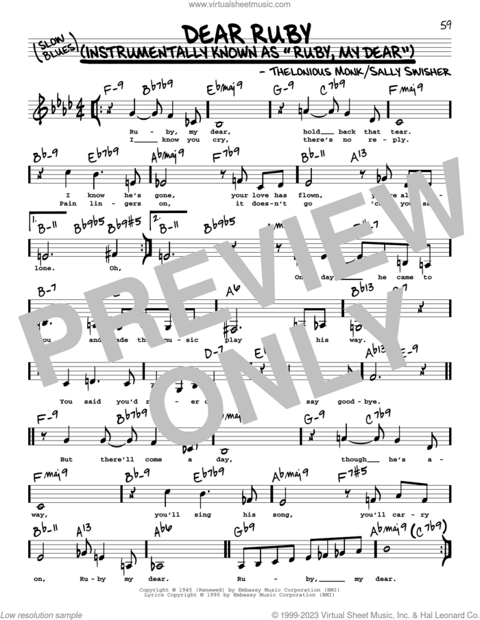Dear Ruby (Low Voice) sheet music for voice and other instruments (low voice) by Thelonious Monk and Sally Swisher, intermediate skill level