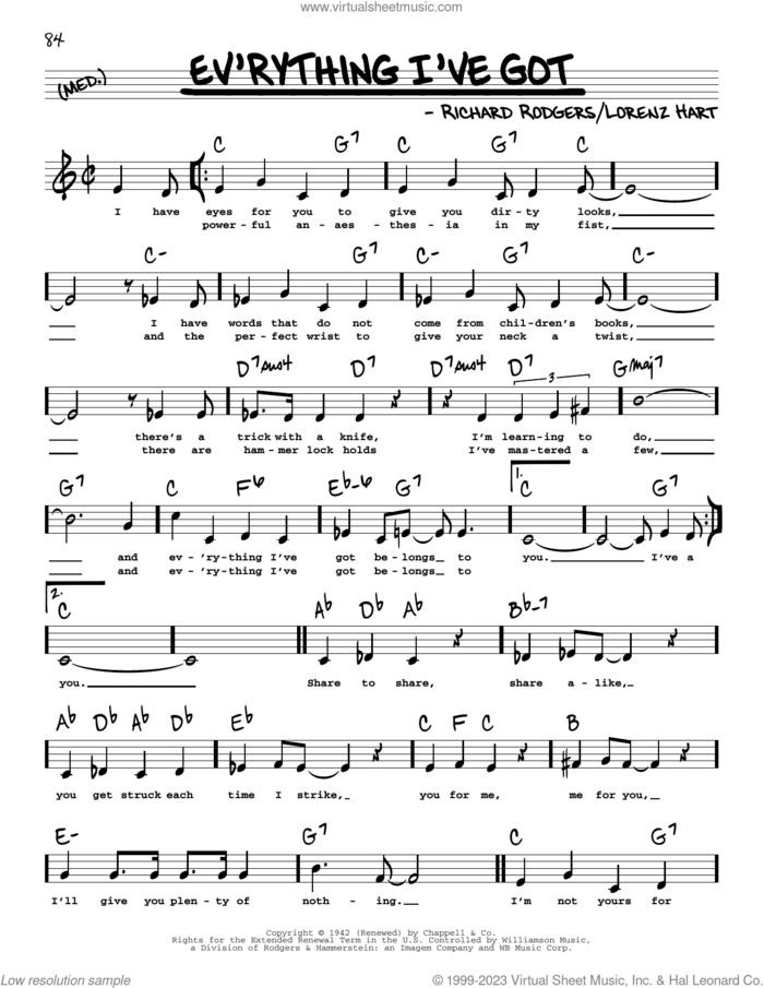 Ev'rything I've Got (Low Voice) sheet music for voice and other instruments (low voice) by Rodgers & Hart, Lorenz Hart and Richard Rodgers, intermediate skill level