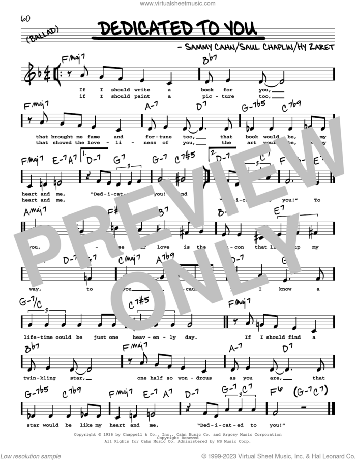 Dedicated To You (Low Voice) sheet music for voice and other instruments (low voice) by Sammy Cahn, Hy Zaret and Saul Chaplin, intermediate skill level