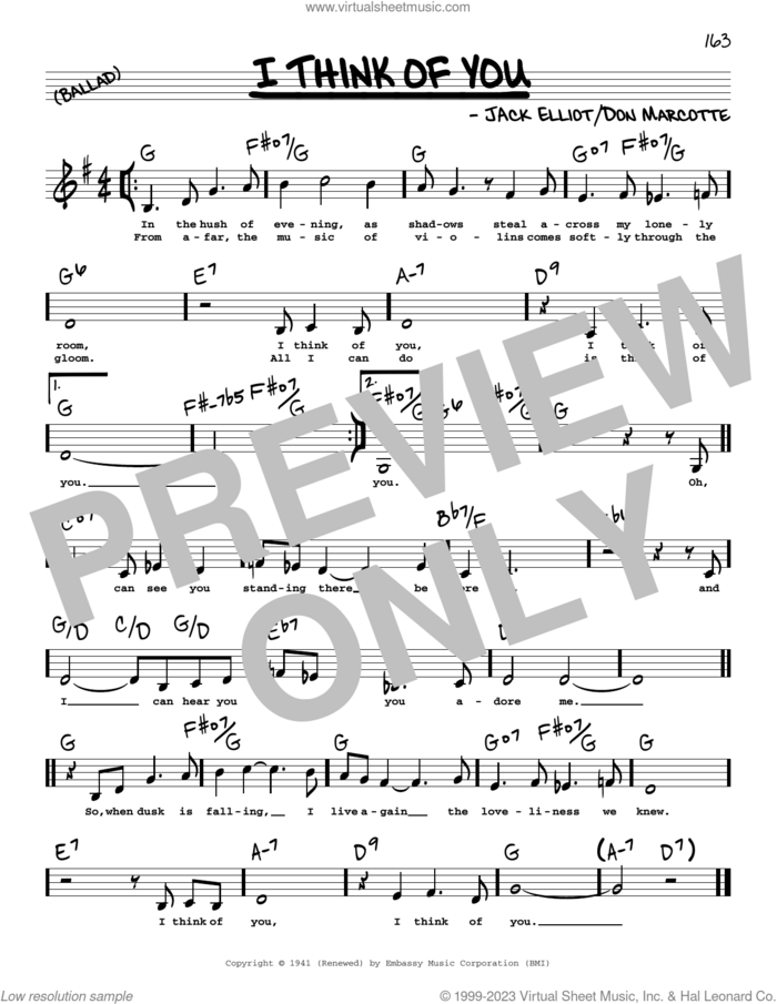 I Think Of You (Low Voice) sheet music for voice and other instruments (low voice) by Frank Sinatra, Don Marcotte and Jack Elliot, intermediate skill level