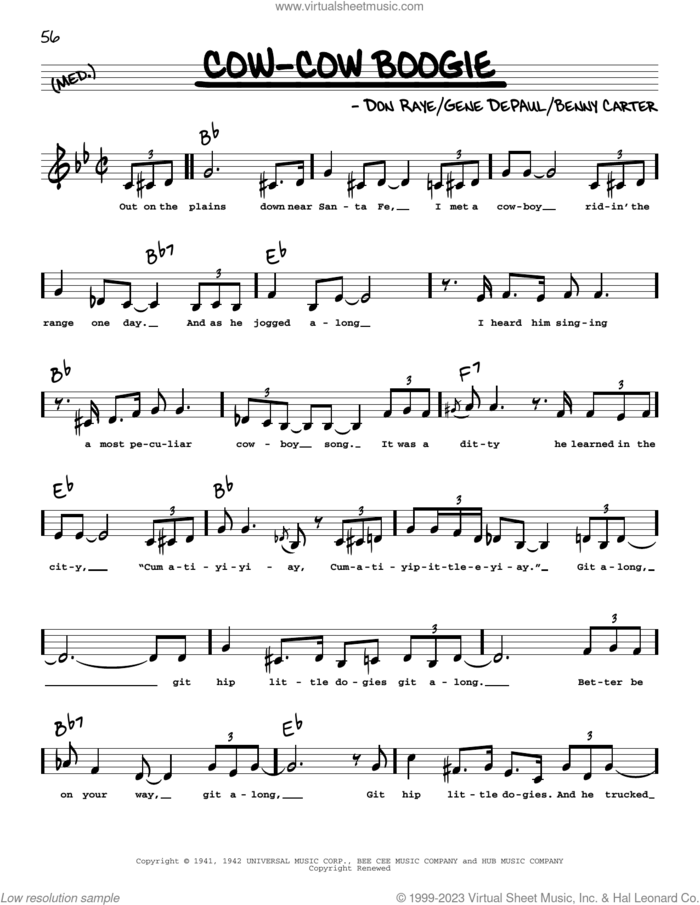 Cow-Cow Boogie (Low Voice) sheet music for voice and other instruments (low voice) by Freddie Slack & His Orchestra, Benny Carter, Don Raye and Gene DePaul, intermediate skill level