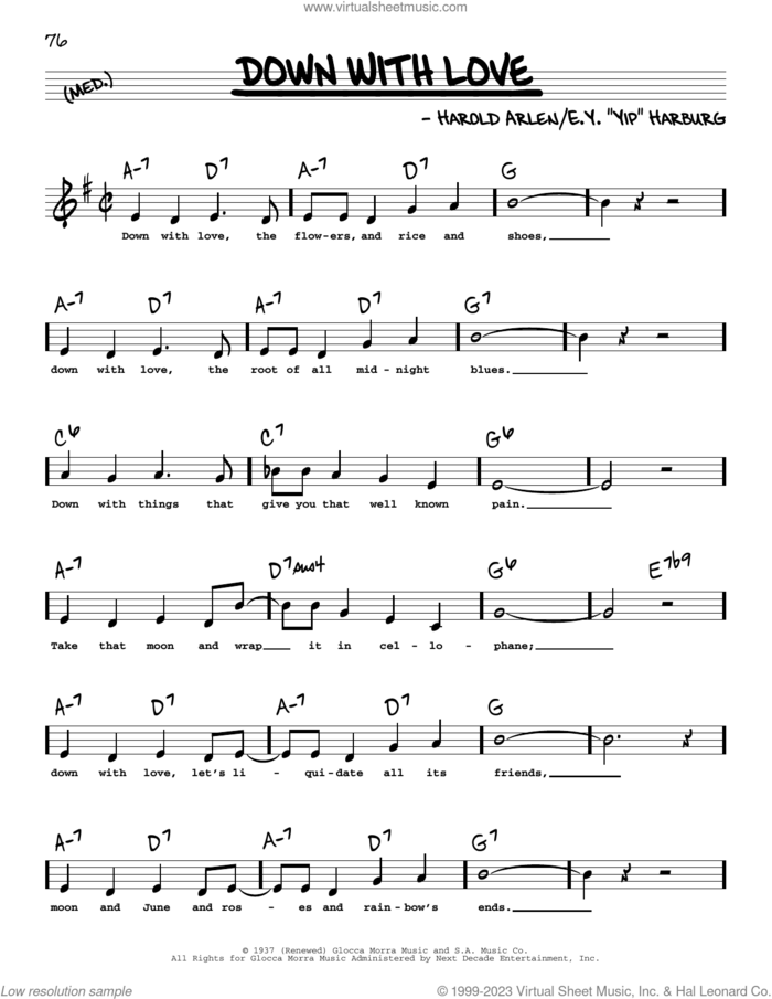 Down With Love (Low Voice) sheet music for voice and other instruments (low voice) by Harold Arlen and E.Y. Harburg, intermediate skill level
