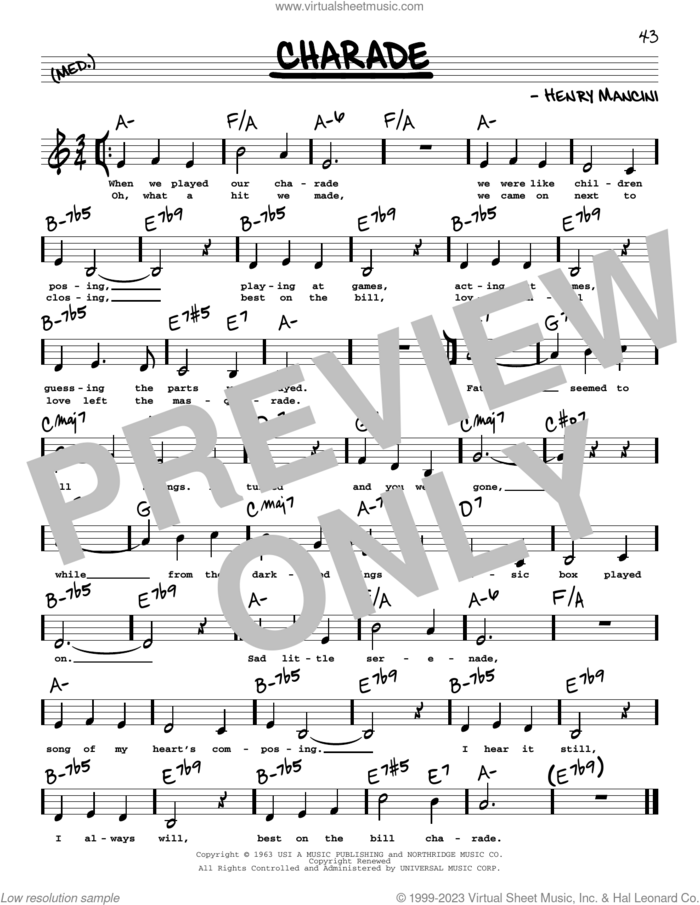 Charade (Low Voice) sheet music for voice and other instruments (low voice) by Henry Mancini, intermediate skill level