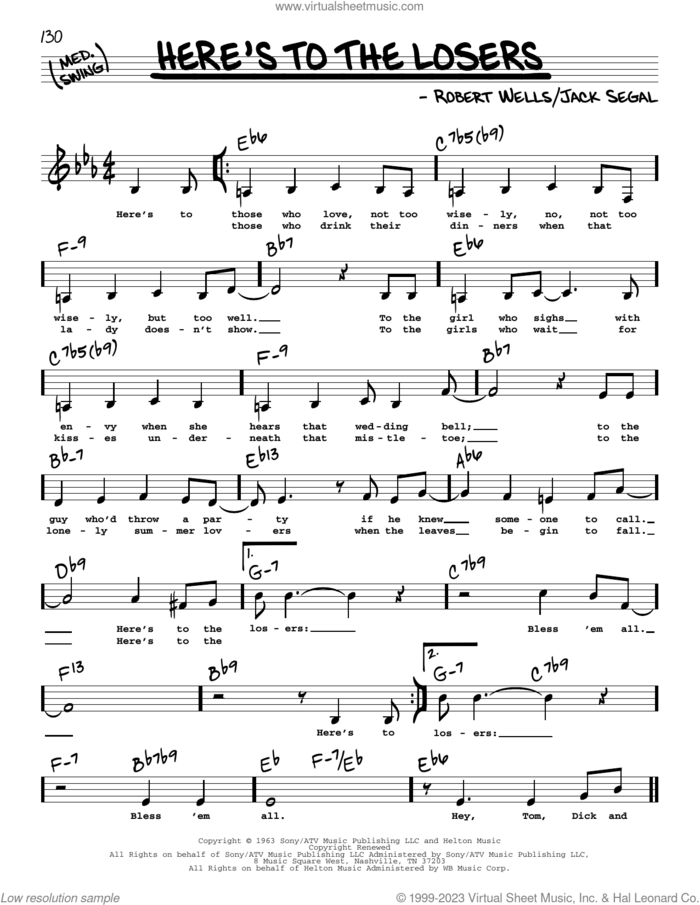 Here's To The Losers (Low Voice) sheet music for voice and other instruments (low voice) by Robert Wells and Jack Segal, intermediate skill level