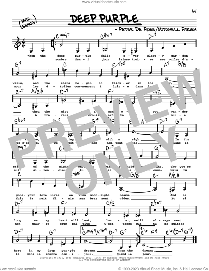 Deep Purple (Low Voice) sheet music for voice and other instruments (low voice) by Nino Tempo & April Stevens, Mitchell Parish and Peter DeRose, intermediate skill level