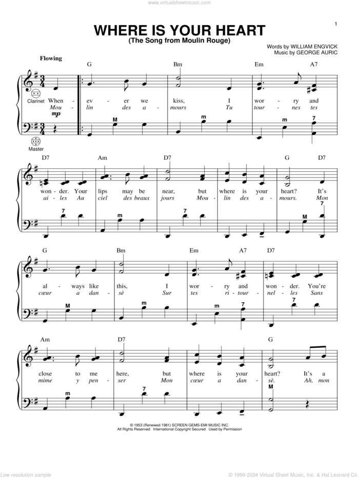 Where Is Your Heart (The Song From Moulin Rouge) sheet music for accordion by Percy Faith, Gary Meisner, George Auric and William Engvick, intermediate skill level