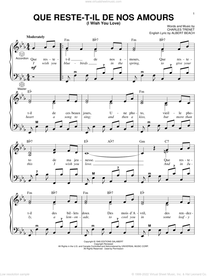 Que Reste-T-Il De Nos Amours (I Wish You Love) sheet music for accordion by Charles Trenet, Gary Meisner and Albert Beach, intermediate skill level