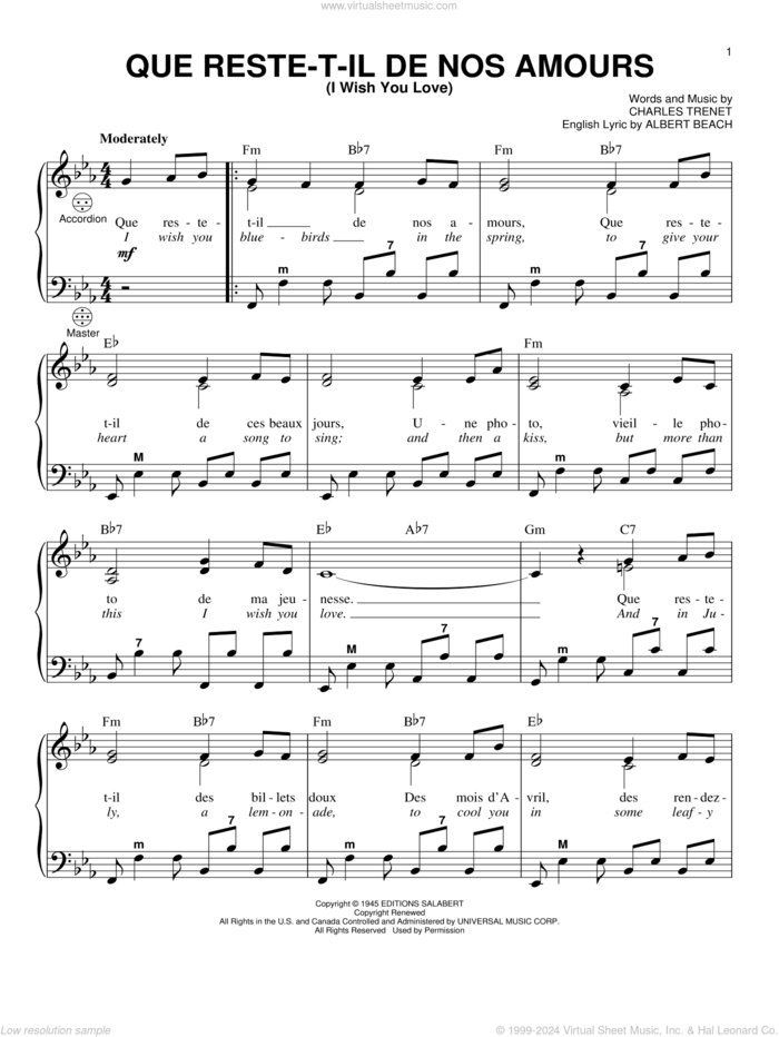 Que Reste-T-Il De Nos Amours (I Wish You Love) sheet music for accordion by Charles Trenet, Gary Meisner and Albert Beach, intermediate skill level