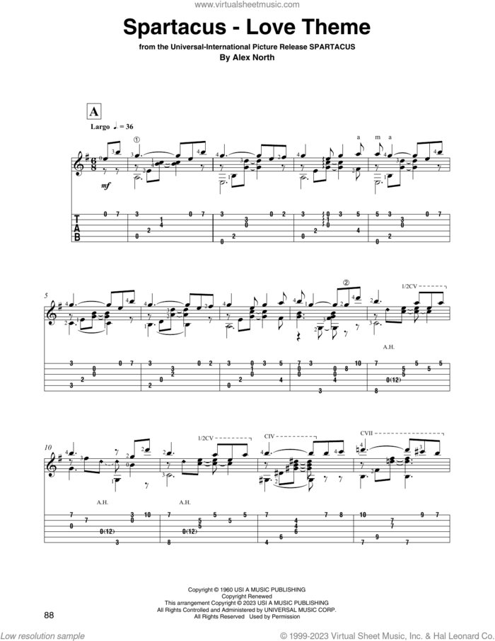 Spartacus - Love Theme (arr. David Jaggs) sheet music for guitar solo by Alex North, intermediate skill level