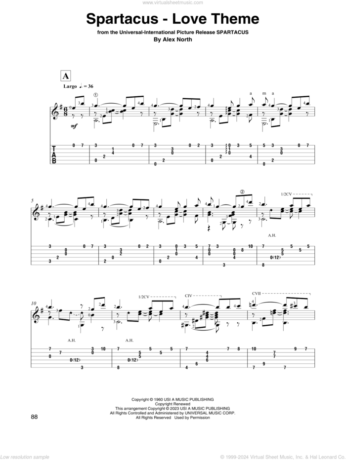 Spartacus - Love Theme (arr. David Jaggs) sheet music for guitar solo by Alex North, intermediate skill level