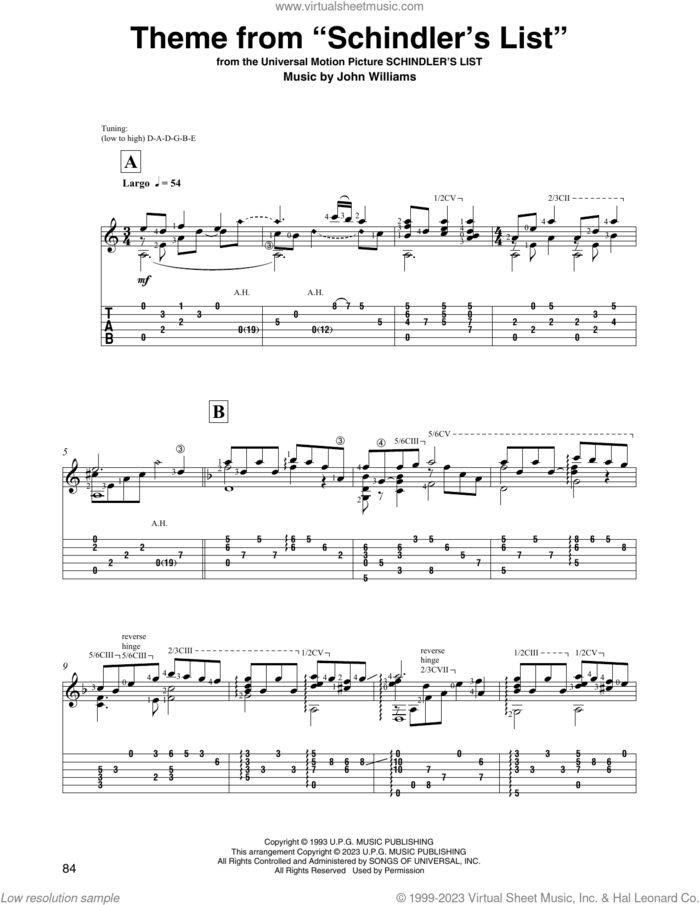 Theme from Schindler's List (arr. David Jaggs) sheet music for guitar solo by John Williams, intermediate skill level